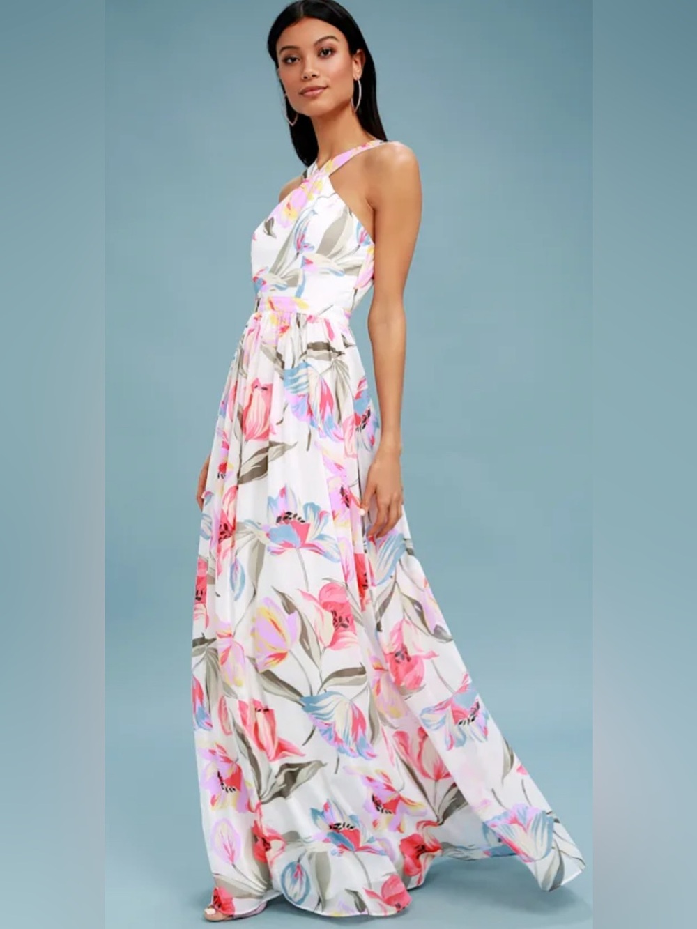 Lulus Lilja White Floral Print Maxi Size Large Garden Party Halter Evening Party